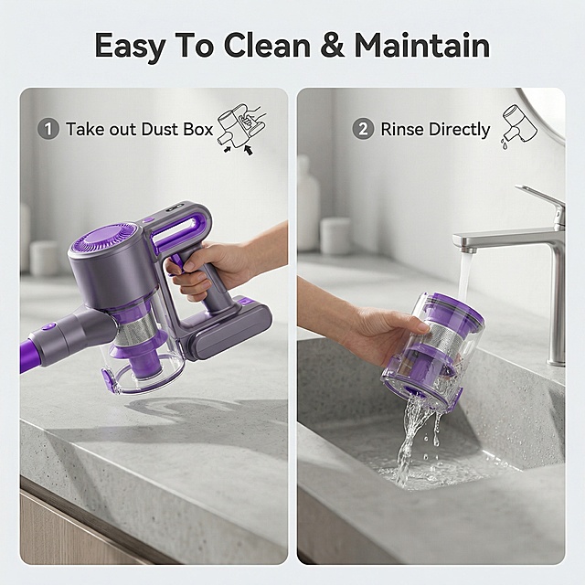 [参考风格] 舒适简约家居治愈
[主图 5] Easy Cleaning & Washable Design
[氛围风格] 干净简洁展示，柔和水流
[画面元素] 展示吸尘器尘盒拆卸清洗过程，拆分左右两部分，左图展示取下尘盒，右图展示用水冲洗尘盒内部，背景为浅灰色洗手台，水流清澈，操作步骤清晰明了
[配色色系] 浅灰背景，产品紫灰色，清澈水流透明感
[文字版式] 主标题 "Easy To Clean & Maintain" 悬浮在画面顶部，粗体深灰色；每个步骤旁标注 "1 Take out Dust Box" "2 Rinse Directly"，小字说明，排版清晰不遮挡操作主体
[分辨率] 2k 分辨率