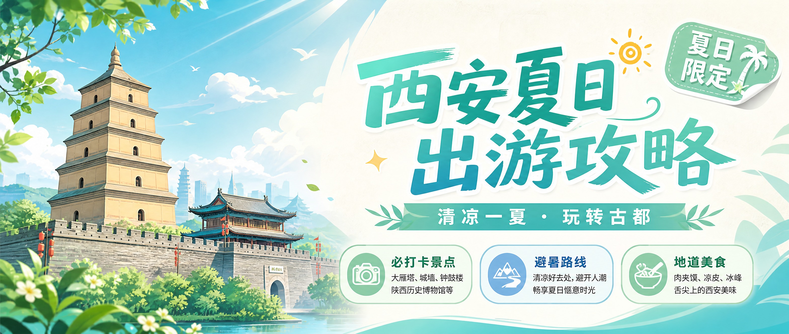 公众号首图，西安夏日出游攻略主题海报，简约清新风格。画面左侧为… - 图片创意预览