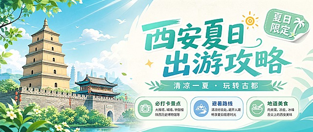 公众号首图，西安夏日出游攻略主题海报，简约清新风格。画面左侧为西安标志性古建筑剪影（大雁塔/城墙元素），搭配夏日绿树、清凉的蓝绿色调，阳光明媚的夏日氛围。右侧大面积留白用于文字排版。主标题大字醒目："西安夏日出游攻略"，副标题小字："清凉一夏 · 玩转古都"。下方三个圆角信息标签："必打卡景点"、"避暑路线"、"地道美食"。右上角装饰贴纸标签："夏日限定"。整体配色以薄荷绿、天蓝色、暖白色为主，清爽夏日感，版式精美，文字清晰可读，2.35:1超宽横版比例，公众号封面风格。画面中所有信息区域必须填充完整合理的内容，不得出现空白框、空白占位、横线待填写区域、空列表项、空单元格；确保是完整可用的成品海报而非待填写模板。