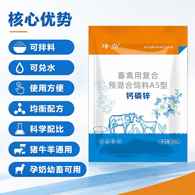 「图片1」我是做电商的，但是我不会做商品图，我需要你作为资深的电商美工师，帮我做一套商品主图，这套商品主图包括5张图：主图+卖点图+氛围图+场景图+使用说明图。
图片风格以及说明：1、商品主图：专业农资畜牧风，色彩搭配跟随商品色彩，突出包装，第一眼看清商品，可信、直接、适合猪牛羊养殖户的审美；2、卖点图：可以拌料、可以兑水、使用方便、均衡配方、科学配比、猪牛羊通用、孕奶幼畜可用；3、促销氛围图：正品保障、品牌直供、售后无忧、现货速发、买2特价（同款）、买3送1（同款）、买5送2（同款）、买10送5（同款）；4、场景图：加入养殖场，羊、群在喝水，把产品（白色粉末）倒入羊饮水的里，更适合养殖户理解用途；5、使用说明图：本品为水溶性粉剂，内服型，直接兑水或拌料就可以，一袋可以兑水200斤，或拌料200斤，可长期添加使用，也可根据情况自行调整用量
5张图片统一字体，字体为阿里巴巴普惠体（特粗），文字清晰，标题条、图标、促销角标、文字排版对称美观，每一张图片不要重复出现一样文字内容，不要为了对称强行添加重复内容，单独强化第 3 张促销图，让买赠信息更醒目，更像电商活动主图。