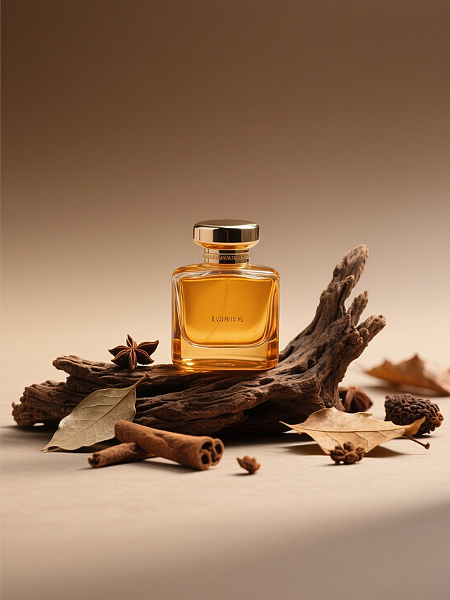 琥珀色香水特写，放在清晰肌理的枯木上，环绕着异国情调的香料和枯叶，背景是柔和的咖色渐变背景