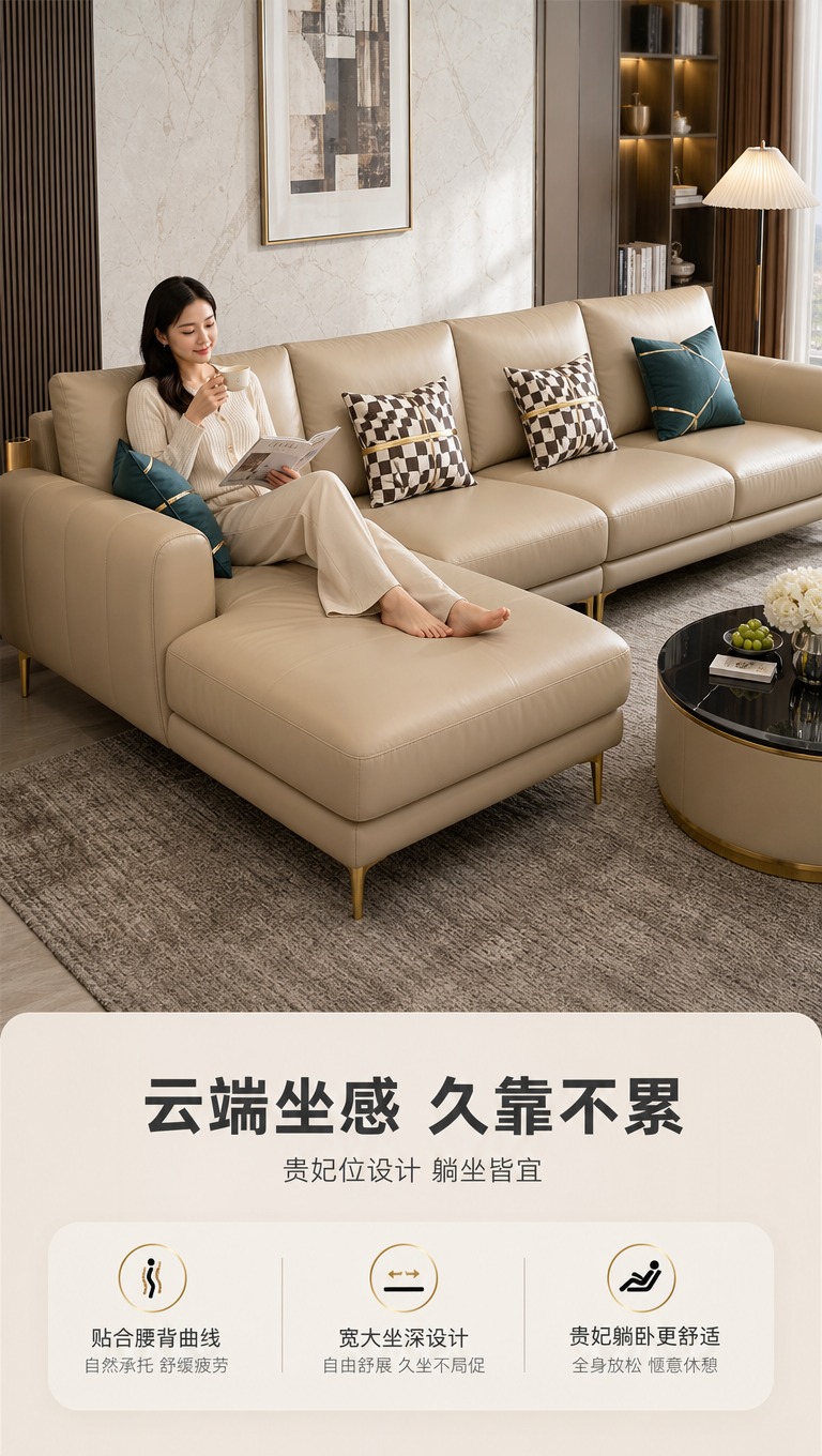 [商品] 使用【图2】浅卡其色头层牛皮L型贵妃沙发；保留沙发的… - 图片创意预览