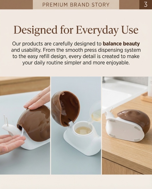 高级品牌故事第三张图，主题"Designed for Everyday Use"，细节展示蜗牛皂液器的按压结构、开盖加液设计和稳定底座，产品外形：蜗牛身体和底座是白色，蜗牛壳是亮面棕色，形状圆润，有两预览效果