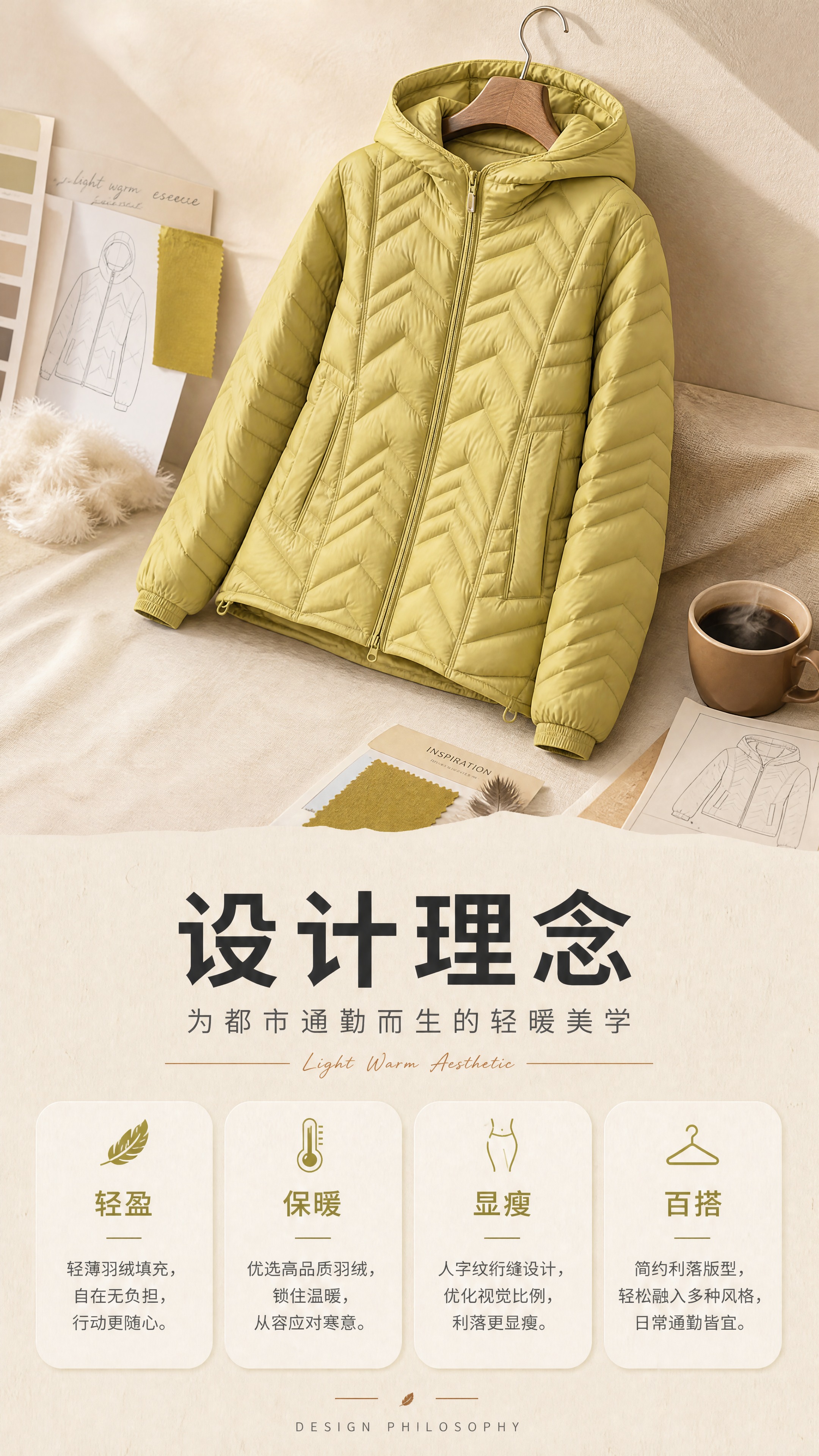 [商品] 使用【图1】芥末黄连帽轻薄羽绒服；商品处理：保留连帽… - 图片创意预览
