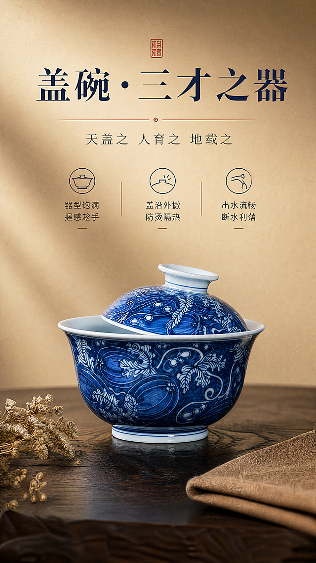 [商品] 使用【图1】中的青花盖碗；保留盖碗器型、盖钮造型、碗身瓜纹图案、青花蓝白配色与瓷质光泽，碗盖微斜置于碗上，展示器型比例与线条。
[画面] 页面目标：盖碗单品特写，突出器型设计与实用美感。构图：竖版9:16，盖碗位于画面中央偏下，产品占画面约65%；放置于深色木质台面上，旁置一小束干花与茶巾一角作点缀；背景为暖米色渐变墙面，侧光勾勒盖碗轮廓与釉面弧度。
[视觉] 套系策略：风格=东方新中式雅致商业摄影；标题字=宋体衬线粗体；正文字=简洁细黑体；主色=青花钴蓝；背景延展=暖米棕渐变、宣纸纹理、木质茶席深浅层级；强调色=朱砂红，仅用于小面积印章、引线和标签；标题色=深墨蓝；正文色=暖炭灰；组件=细线分隔、圆角浅米信息卡、朱砂印章元素；光影=左前侧暖柔光，釉面有自然高光，整体暖调静谧。
[文字] 上方主标题"盖碗·三才之器"，副标题"天盖之 人育之 地载之"，下方3个卖点："器型饱满 握感趁手"、"盖沿外撇 防烫隔热"、"出水流畅 断水利落"；文字位于画面上半部分，不遮挡盖碗主体。
[规格] 图片比例9:16竖版，4K，负向提示：避免变形、错字、文字过小、冷蓝灰背景、盖碗比例失真、纹饰错乱。