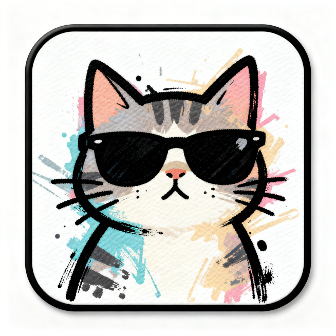 可爱的圆角矩形徽章，涂鸦风格，涂鸦艺术，随性的笔触，喷漆纹理，一只戴墨镜的酷猫角色，柔和的色彩配黑色轮廓，时髦的形状，俏皮的构图，现代街头艺术，干净的矢量线条，模切，印刷就绪，白色背景预览效果