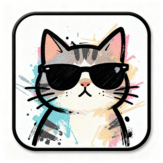 可爱的圆角矩形徽章，涂鸦风格，涂鸦艺术，随性的笔触，喷漆纹理，一只戴墨镜的酷猫角色，柔和的色彩配黑色轮廓，时髦的形状，俏皮的构图，现代街头艺术，干净的矢量线条，模切，印刷就绪，白色背景