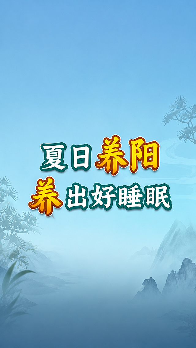 模仿参考图风格，浅蓝色渐变国风背景，保留原有的水墨山水松枝装饰元素，艺术字体设计，文字分为两行，第一行是“夏日养阳”，第二行是“养出好睡眠”，字体风格为粗黑体，部分字使用橙黄色渐变填充带橙色描边，其余文字使用白色填充带深绿色描边，保持参考图的配色和排版风格，画面中只能出现“夏日养阳”“养出好睡眠”这些字，不得增加、遗漏或替换任何一个字，文字整体必须完整呈现在画面内不可被裁切，四周留有安全边距