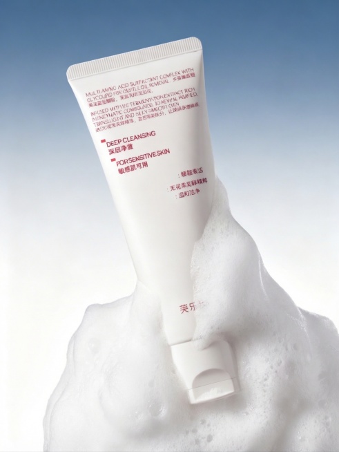 增加更多洁面泡沫，让一部分泡沫覆盖在洗面奶瓶身上，保留原图所有其他内容和文字细节不变预览效果