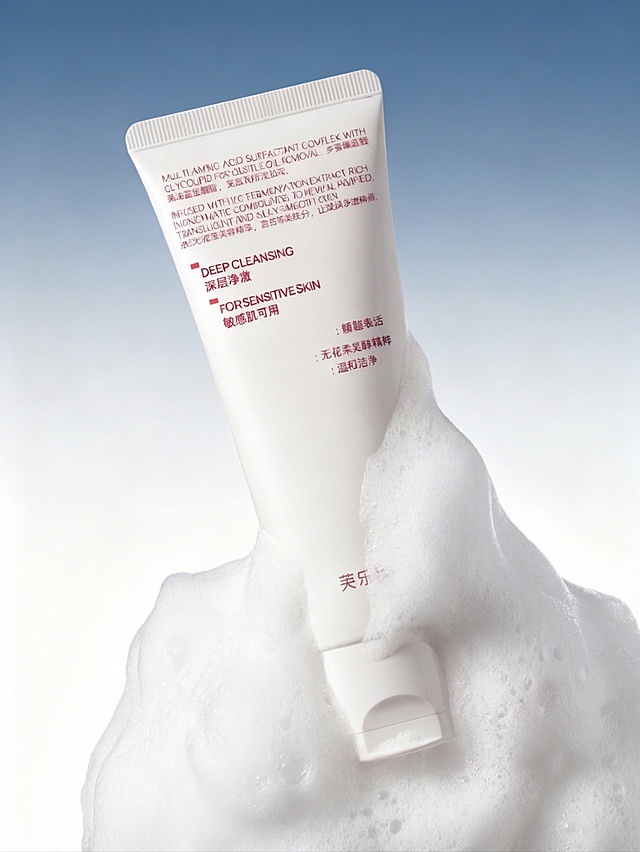 增加更多洁面泡沫，让一部分泡沫覆盖在洗面奶瓶身上，保留原图所有其他内容和文字细节不变