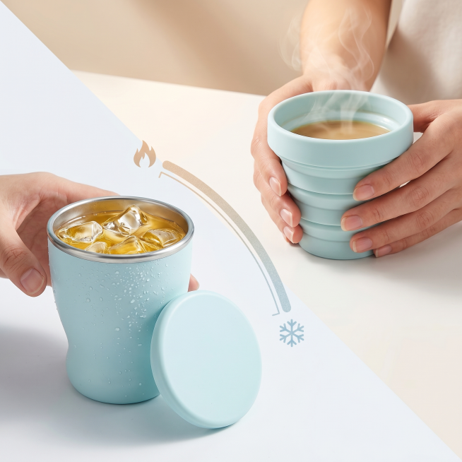 天猫1:1主图，浅蓝色折叠水杯使用场景展示，突出"耐温宽范围 冷热饮皆宜"卖点，干净简约背景，电商主图风格，体现母婴级硅胶安全无毒，分辨率2K预览效果