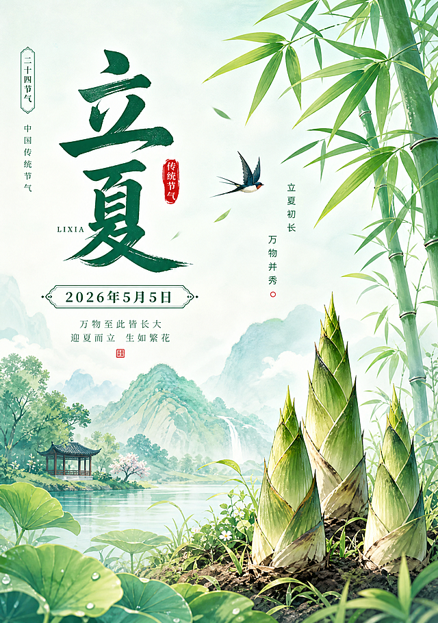 一张A4大小的2026年5月5日立夏节气海报，清新国风风格，包含醒目文字"立夏"、"2026年5月5日"，添加绿叶竹笋初夏元素，色调清新自然