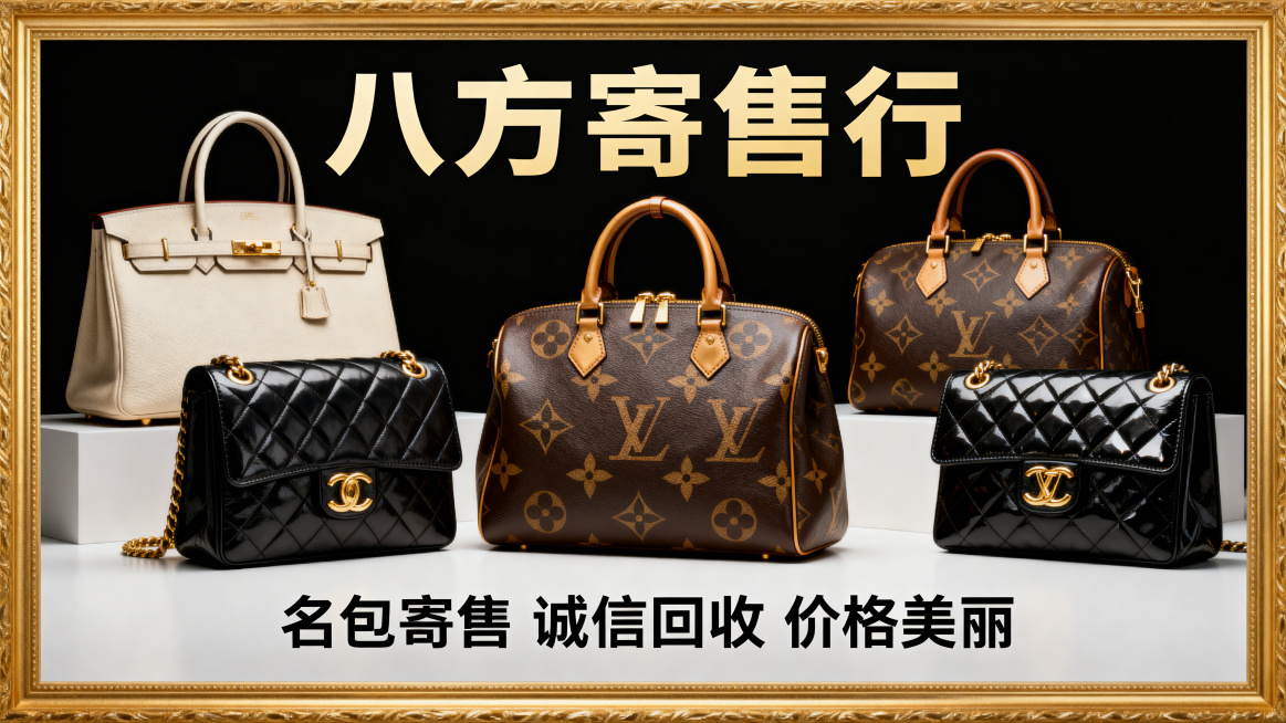 参考原图风格，黑色背景金色边框，大字标题“八方寄售行”，展示多款奢侈品牌包包，底部文字“名包寄售 诚信回收 价格美丽”，写实奢华摄影风格，16:9横版构图预览效果