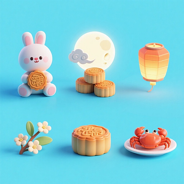 需要6个Q版中秋素材图标，可爱电商促销感