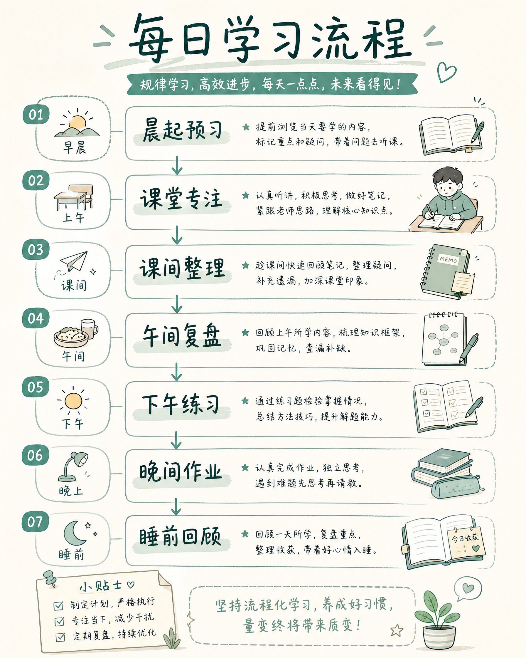 每日学习流程手绘图，低饱和青绿色与米白主色调，简约手绘风格，从… - 图片创意预览