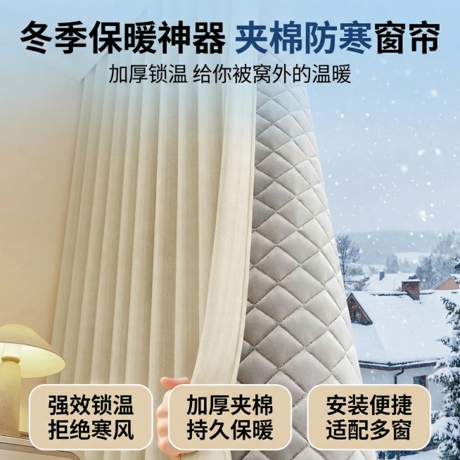 保持窗帘的面料和花纹不变，室内家居场景不变，裂变为电商主图，卖点是保暖防寒预览效果