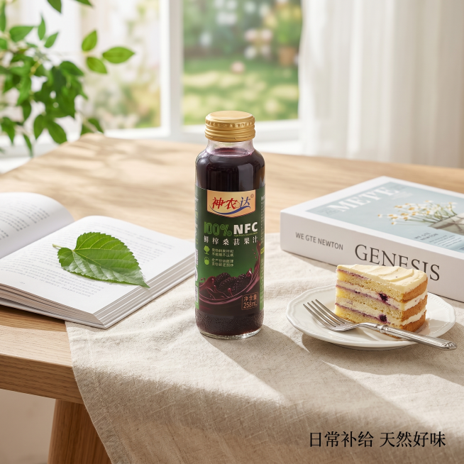 [主图 5] 下午茶饮用场景主图，氛围风格清新自然治愈，元气多巴胺浅色调，商业摄影质感，自然光柔和，Vlog生活感视角，浅木色餐桌上铺米色餐布，神农达NFC桑椹汁玻璃瓶搭配一块欧式小蛋糕，旁边放一本书预览效果