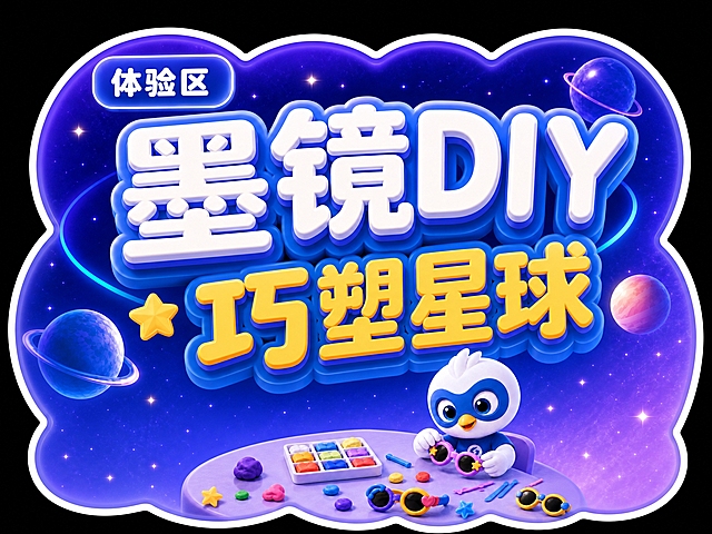 保持横版4:3比例和圆润云朵形异形外轮廓，将文字标题放大占据画面上半部分主要区域，下方的插画元素（小鸟、道具、场景等）整体缩小，让文字信息更突出醒目，保持蓝紫星际背景和Q版3D风格不变