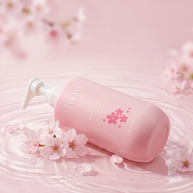 参考图1的高级清新简约风格，保留图片3中沐浴露原有的造型、比例、所有logo和文字细节不做任何修改不变形，沐浴露侧躺摆放，替换背景为粉色水面搭配少量樱花装饰，打造轻奢简约氛围，光影柔和干净，背景层次感和主图差异化，整体色调统一为柔粉色系，精修产品提亮质感，高清通透，1:1构图，电商高级简约风。