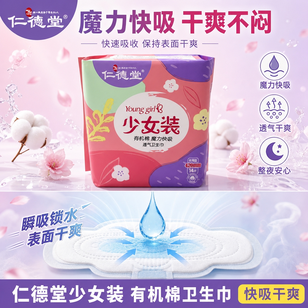 [主图-3 魔力快吸卖点图] 仁德堂少女装420mm有机棉卫生… - 图片创意预览