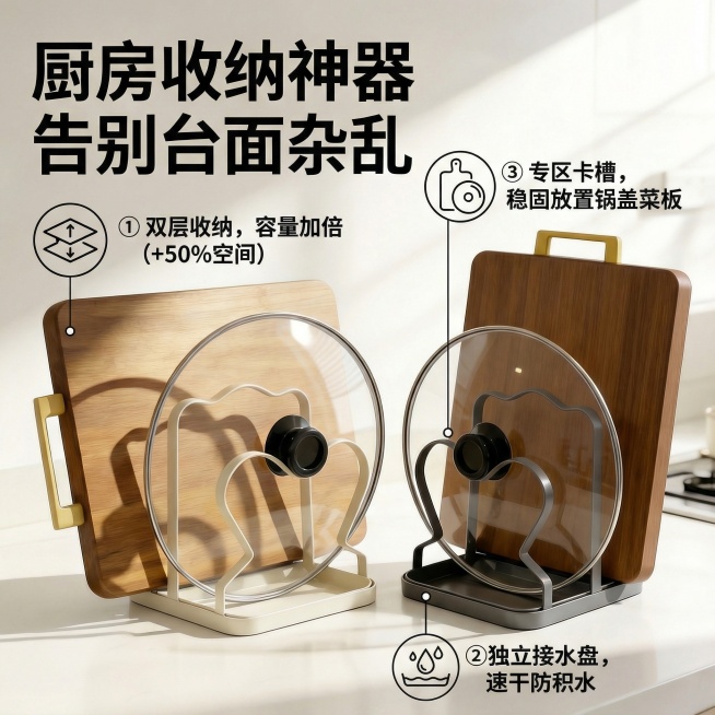 厨房收纳架卖点详情图，分点展示双层收纳、接水盘防积水、可放置锅盖菜板的优势，用清晰的图标和数据化文字呈现，背景简洁聚焦产品预览效果