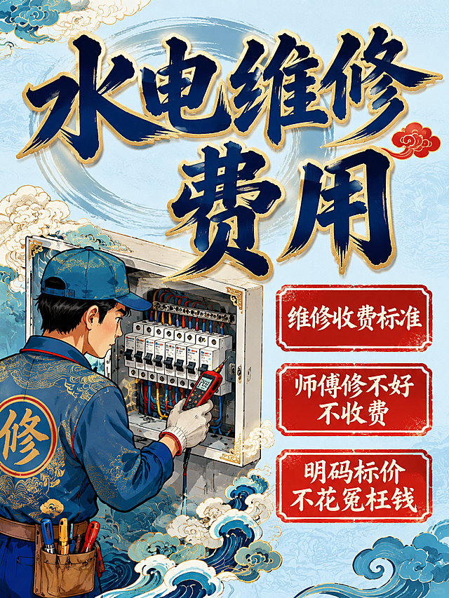 基于参考图生成小红书水电维修费用知识封面，3:4比例，2K高清，国潮手绘风格。将电箱维修场景进行国潮手绘风格重绘，线条流畅，配色以青蓝、朱红为主，背景为淡蓝色祥云纹理。标题“水电维修费用”采用国潮书法字体，深蓝色描金边，占据画面上半部分。三个卖点以传统印章样式呈现，分别为“维修收费标准”“师傅修不好不收费”“明码标价不花冤枉钱”。整体国风浓郁，视觉冲击力强，文字清晰可读，构图稳定。