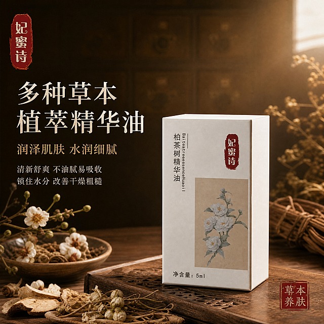 [主图-1] 首图品牌调性 棕色中药风草本植萃精华油主视觉
[统一基调] 整体风格为棕色中药国风，温润典雅的草本植萃质感；背景主色为深棕褐色渐变，点缀古朴中药柜纹理与干草本植物；标题字色为米白色与暖金色，辅助字色为浅棕褐色；强调色为朱砂红（品牌印章色）；字体样式为细衬线体，古典雅致；字号层级分明，主标题最大最醒目；卡片与边框采用细金线与宣纸质感，整体传递天然草本、温润养肤的中药护肤理念。
[画面] 产品包装盒（妃蜜诗柏茶树精华油白色方盒，正面有山茶花图案和红色印章式品牌名）居中偏右放置，占画面约55%，正面微侧45度角展示，盒体完整不切割。产品下方有柔和的投影，自然落在古朴木质台面上。画面左侧与上方点缀干山茶花、草本植物枝叶、少量中药材（如干花、草药束）作为装饰道具，营造中药房氛围。背景为深棕褐色渐变，隐约可见中药抽屉柜纹理虚化，右上角有柔和窗光斜射进来，形成温暖的光影氛围。左上角放置提取的同款红色印章式"妃蜜诗"品牌Logo。
[光影质感] 商业摄影质感，柔光箱主光从右上方45度照射，产品正面受光均匀，侧面有自然明暗过渡，体现纸盒材质的哑光质感；底部有真实接触阴影，不悬浮；整体光线温暖柔和，营造中药房午后阳光的温润氛围。
[配色] 主色深棕褐色 + 米白 + 暖金 + 朱砂红点缀；草本绿色仅作为植物道具的自然色出现，不占主视觉；整体色调统一在棕色中药风体系内。
[文字版式] 主标题位于画面左侧中上区域，大字横排："多种草本植萃精华油"，米白色细衬线字体，字号最大。主标题下方一行稍小字："润泽肌肤 水润细腻"，暖金色。再下方两行更小辅助文字："清新舒爽 不油腻易吸收" "锁住水分 改善干燥粗糙"，浅米白色。文字均放在左侧负空间，不遮挡产品主体。右下角可加一枚小型朱砂红印章样式图形，内有"草本养肤"四字。
[输出要求] 比例1:1正方形，2048x2048像素；产品清晰完整，文字清晰可读；负向：产品变形、错字、模糊、杂乱背景、水印、淘宝天猫平台Logo、夸张功效承诺、医疗暗示、绝对化用语。