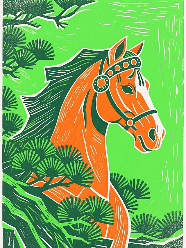 主体是带有戏曲头饰的橙色马头，搭配青松元素，以荧光绿底纹为背景基底；构图以马为视觉核心