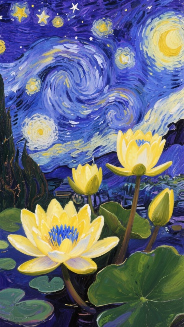 梵高风格的星空荷花油画背景，画面以深蓝色和紫色为主色调，点缀着黄色和白色的星星，呈现出漩涡状的星云效果。前景是几朵盛开的黄色荷花，花瓣边缘泛着柔和的光芒，花蕊呈蓝色，周围环绕着绿色的荷叶。整体画面充满动感和生命力，笔触厚重而富有层次感，营造出梦幻而神秘的氛围。预览效果