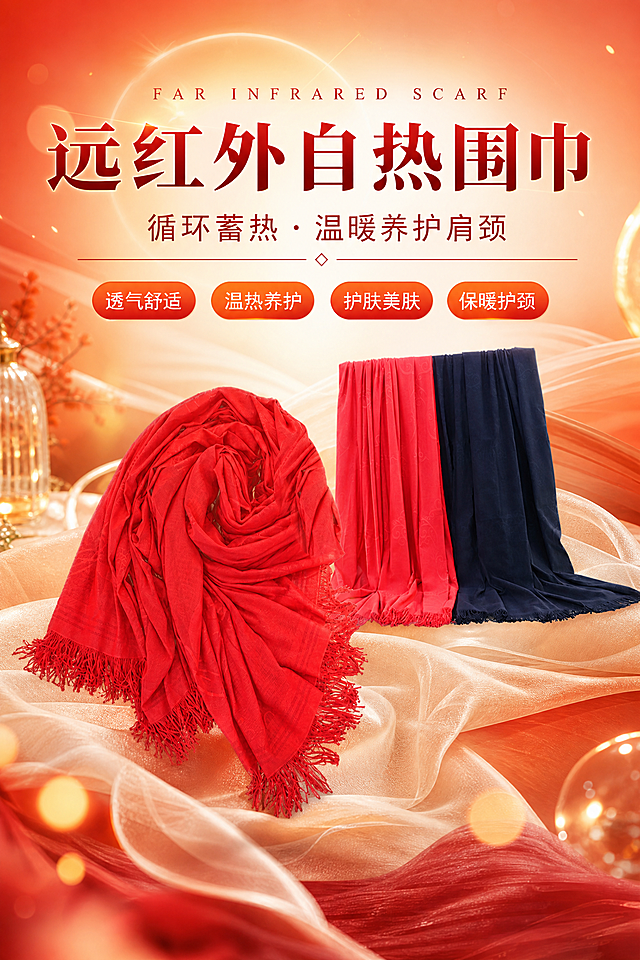基于上传的四张远红外围巾/披肩商品图，设计一张A4竖版商业海报。

【产品保真要求】
围巾/披肩100%还原上传商品图的产品外形、面料纹理、流苏细节、颜色（红色与藏青色）、材质质感与正面朝向，以上传图为唯一商品主体来源，设计仅作用于背景、光影、道具、版式和文字区，商品主体占比约50%~60%，文字不遮挡主体。

【画面主题】
远红外自热围巾海报，温暖养护、舒适亲肤的高端质感。

【主视觉构图】
画面中下部展示红色围巾主体（参考图1造型），右侧或上方点缀藏青色款（参考图2），形成两色展示；背景为红橙渐变暖色调，带有柔和的光晕与温热感光效，营造自热温暖氛围；背景层有细腻的纹理与光斑，中景有柔和的布料轻纱承托，前景点缀少量虚化暖光光斑，整体三层空间景深。

【文案内容（必须完整呈现）】
主标题："远红外自热围巾"
副标题："循环蓄热 · 温暖养护肩颈"
英文装饰："FAR INFRARED SCARF"
四个卖点标签（圆角胶囊形）："透气舒适"、"温热养护"、"护肤美肤"、"保暖护颈"
画面中所有文字必须清晰可读，不得出现价格信息。

【版式与风格】
写实商业摄影风格，高端温暖质感，红橙金暖色调；版式精美，主标题位于画面上半部居中，副标题在主标题下方，卖点标签排列在画面右侧或下方负空间；四周留足安全边距，文字与主体互不遮挡；整体氛围温暖舒适，突出远红外自热的科技养护感。

【约束】
画面中所有信息区域必须填充完整合理的内容，不得出现空白框、空白占位、横线待填写区域；严禁出现任何价格、折扣、促销价格信息；画面中所有数字必须精确渲染，不得错位、遗漏或编造。