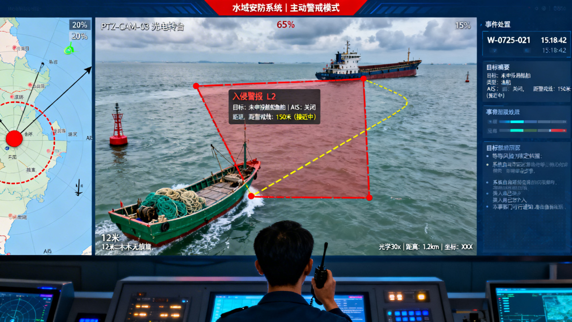 港口船舶交通管理中心的监控大屏。屏幕主体分为三个核心区域：中央（65%）显示海岸线高清监控实时画面，左侧（20%）为雷达扫描与电子海图叠加视图，右侧（15%）为事件处置指令面板。整体界面为深蓝色专业海预览效果