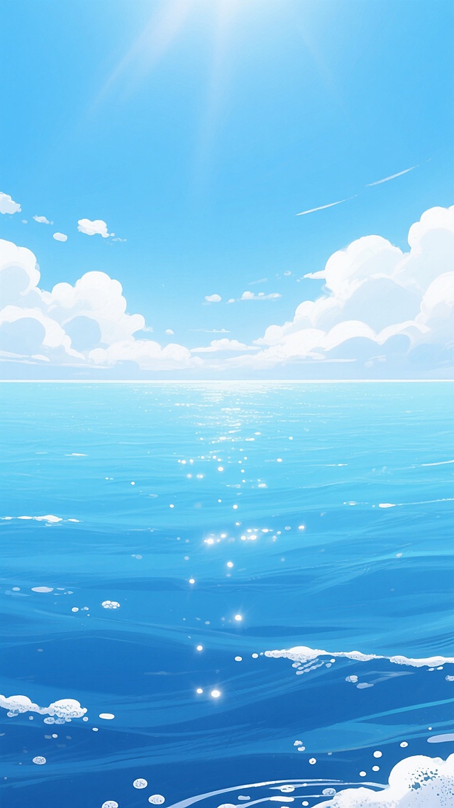 广阔无垠的海面与天空在远处相接形成清晰的水平线，海水呈现从底部深邃的深蓝色向上逐渐过渡到清澈碧蓝的渐变色彩，阳光从上方照射使海面波光粼粼，水面上分布着细小的白色泡沫和闪烁的光斑，远处海天一线处有一层淡淡的白色云层，天空呈现明亮纯净的湛蓝色，漂浮着形态各异、边缘柔和的白色云朵，整体画面采用清新通透的插画风格，光影明亮柔和，色彩和谐统一，营造出宁静、开阔、清新的氛围，无任何文字、水印及多余元素。