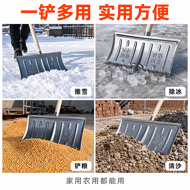 [主图-4] 多用途场景-雪铲多用场景宫格。本张使用【图1】作为各场景中的铲头主体。
[氛围风格] 拼多多接地气风格，多场景实用展示，真实接地气，大众审美，不夸张不虚夸，商业摄影质感。
[画质] 商业摄影质感、光线明亮通透、产品清晰真实。
[元素] 画面为2×2四宫格拼图，每格展示一个雪铲使用场景：左上「推积雪」-雪铲推庭院厚积雪；右上「除冰碴」-铲头清理路面结冰；左下「铲粮食」-雪铲晾晒场铲谷物（农用场景）；右下「清杂物」-清理工地砂石杂物；每个场景中的铲头结构、颜色、材质、加强筋、文字与输入产品图一致；四格之间有细白分隔线；顶部有大标题；场景真实自然，不过度美化。
[光影] 每格独立自然光照明，整体明亮，铲头金属反光自然，场景真实有生活感。
[配色] 主色冷白+浅蓝（雪地场景）+暖黄（农用场景）统一偏冷调；辅色银灰色铲头；强调色橙红（标题）、白色（标签字）。
[视角构图] 2×2四宫格拼图，每格独立平视或微俯视角度，阅读动线上到下、左到右；每格产品占比约40%-50%。
[文字版式] 版式为顶部大标题+2×2四宫格+每格右下角小标签。顶部主标题「一铲多用 实用方便」橙红色粗黑体；每格右下角白色圆角小标签，分别写「推雪」「除冰」「铲粮」「清沙」，黑字清晰；底部小字「家用农用都能用」灰色细体居中。
[输出要求] 1:1 比例，2048×2048px，文字清晰可辨，超高清商业摄影质感。
[负向提示词] 变形，文字错乱，产品图模糊，背景杂乱，水印，电商平台Logo，极限词，最，第一，顶级，科技感特效，虚假宣传，铲头文字错乱。