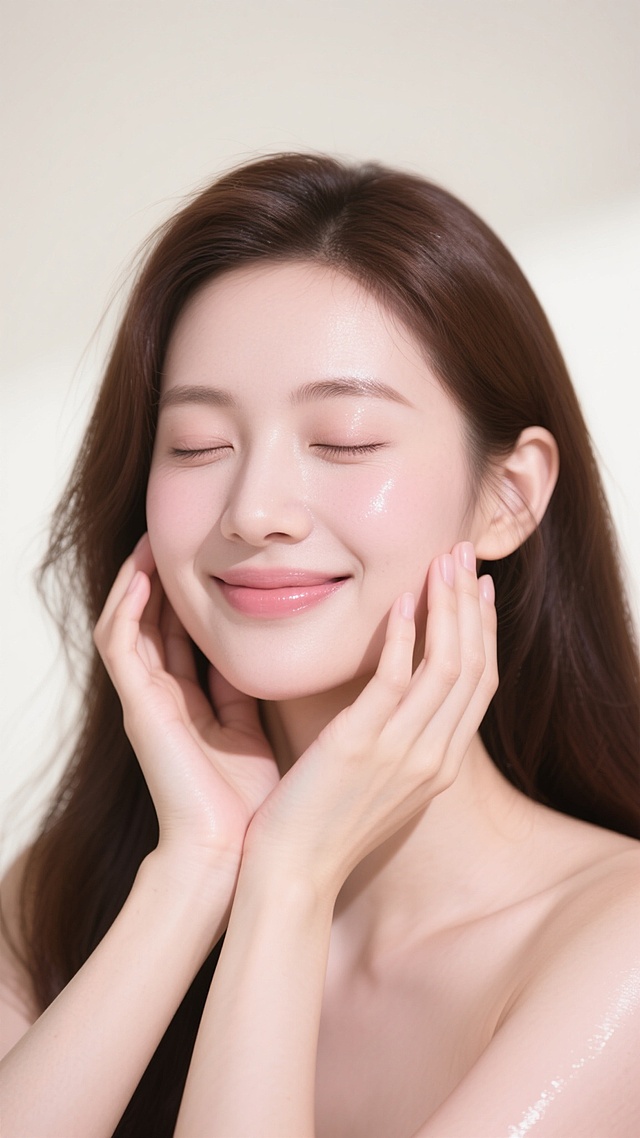 一张以女性面部为特写的美妆护肤主题照片，采用柔和的自然光从上方和侧面均匀照射，营造出明亮、纯净、温暖的氛围。画面中，一位年轻女性闭着双眼，嘴角微微上扬，露出恬静愉悦的微笑，双手轻轻捧起脸颊，姿态自然放松。她的皮肤呈现出极致的清透感、水润光泽和健康的粉嫩色调，肌肤表面仿佛覆盖着一层薄薄的精华液或保湿霜，反射出细腻的光泽，毛孔细腻几乎不可见，质感光滑柔嫩，充满弹性。深棕色的长发柔软地垂落在脸颊两侧，发丝轻盈飘逸，部分细碎的发丝自然散落，增添了画面的灵动与真实感。整体色彩以柔和的米白色为背景，衬托出肌肤的白皙与粉嫩，色调统一和谐，光影过渡自然，高光区域集中在额头、鼻梁、颧骨和下巴等面部高点，阴影柔和地勾勒出脸部的立体轮廓。照片的视觉焦点完全集中在女性完美无瑕的肌肤和愉悦的表情上，构图简洁大方，以人物面部为中心，背景干净无杂物，突出展现皮肤的水润状态和健康美感，传递出舒适、放松、享受护肤过程的情感，具有高度的视觉吸引力和信息传达效率，符合美妆护肤产品目标受众对理想肌肤状态的审美追求。