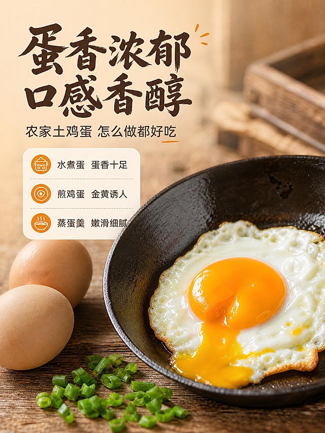 [商品] 使用【图2】康大农家散养鸡蛋；保留蛋壳自然色泽、鸡蛋形态；修复蛋壳污渍，蛋壳干净莹润；展示烹饪后的鸡蛋状态（煎蛋/水煮蛋），保持真实食欲感。
[画面] 目标：口感质地页，展现农家蛋香嫩口感；构图：动作瞬间型，画面中央平底锅煎蛋特写，蛋黄微微流心，旁边放2枚完整生鸡蛋和一小把葱花；景别：近景特写，食物占画面70%；阅读动线：从左上标题到中央煎蛋；前中后景：前景葱花碎，中景煎蛋+生鸡蛋，后景虚化木质灶台。
[视觉] 套系策略：风格=自然质朴农家田园风商业摄影；标题字=手写感粗黑体，温暖质朴；正文字=简洁无衬线体；主色=暖土黄+自然绿；背景延展=基于暖土黄做深浅层级，同色渐变，搭配原木/铁锅质感；强调色=朝阳橙，仅用于小面积图标和标签；标题色=深棕褐；正文色=暖灰褐；组件=圆角米白底信息卡、细线引线；光影=侧上方暖黄光，突出煎蛋油润光泽和食欲感。
[文字] 左上主标题「蛋香浓郁 口感香醇」，副标题「农家土鸡蛋 怎么做都好吃」，下方3个短句卖点：①水煮蛋 蛋香十足 ②煎鸡蛋 金黄诱人 ③蒸蛋羹 嫩滑细腻；全部文字横排，移动端可读。
[规格] 图片比例3:4竖版，4K，负向提示：避免极限词、错字、文字过小、冷色调、食物失真、煎蛋形态不自然、塑料感。