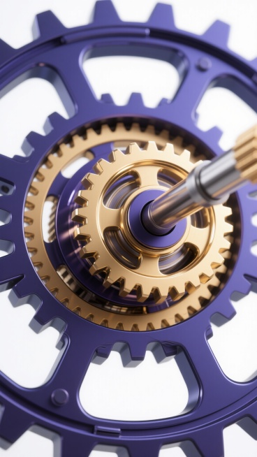 高精度3D渲染的机械齿轮组特写，以深紫蓝色为基调，搭配亮金色金属质感，齿轮表面呈现细腻的磨砂与高光对比，精密齿牙结构清晰可见，中心轴与嵌套齿轮通过光影折射展现层次感，透明光晕环绕核心部件，整体保持科技感十足的写实工业设计风格，背景为纯净白色以突出机械主体的复杂与精密。预览效果
