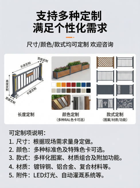 [详情图8] 道路隔离花箱围栏定制服务说明，干净浅灰色背景，展示支持尺寸、颜色、款式定制服务，列出可定制项说明。主标题“支持多种定制 满足个性化需求”，副标题“尺寸/颜色/款式均可定制 欢迎咨询”，文预览效果
