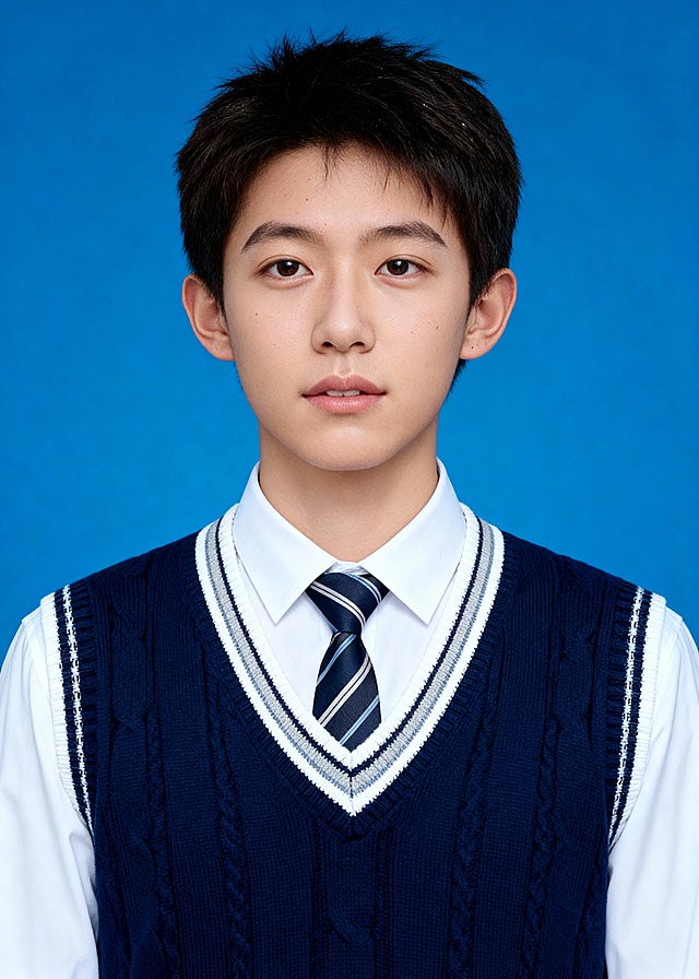 学院风马甲条纹领带男生蓝底证件照