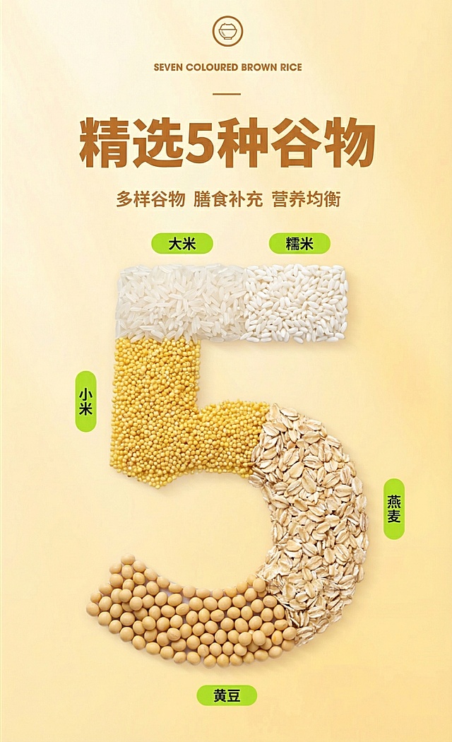 参考上传图片的效果，将数字7替换为数字5，用大米、糯米、小米、燕麦、黄豆分别填充组成数字5的形状，上方标题改为"精选5种谷物"，下方标注对应谷物名称：大米、糯米、小米、燕麦、黄豆，保持整体暖黄色背景，风格一致