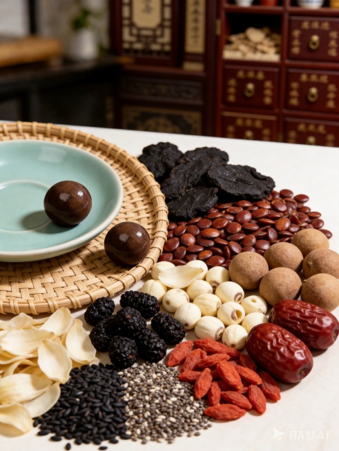 新中式雅致治愈风养生美食产品商业宣传图，画面主体：将3颗食补养生丸参考图1样式大小随意散落摆放，丸子之间互不接触，彼此留有空隙，有些单独滚到一边，排列不整齐、不规则，3颗丸子主体摆放在画面左侧，在哑光预览效果
