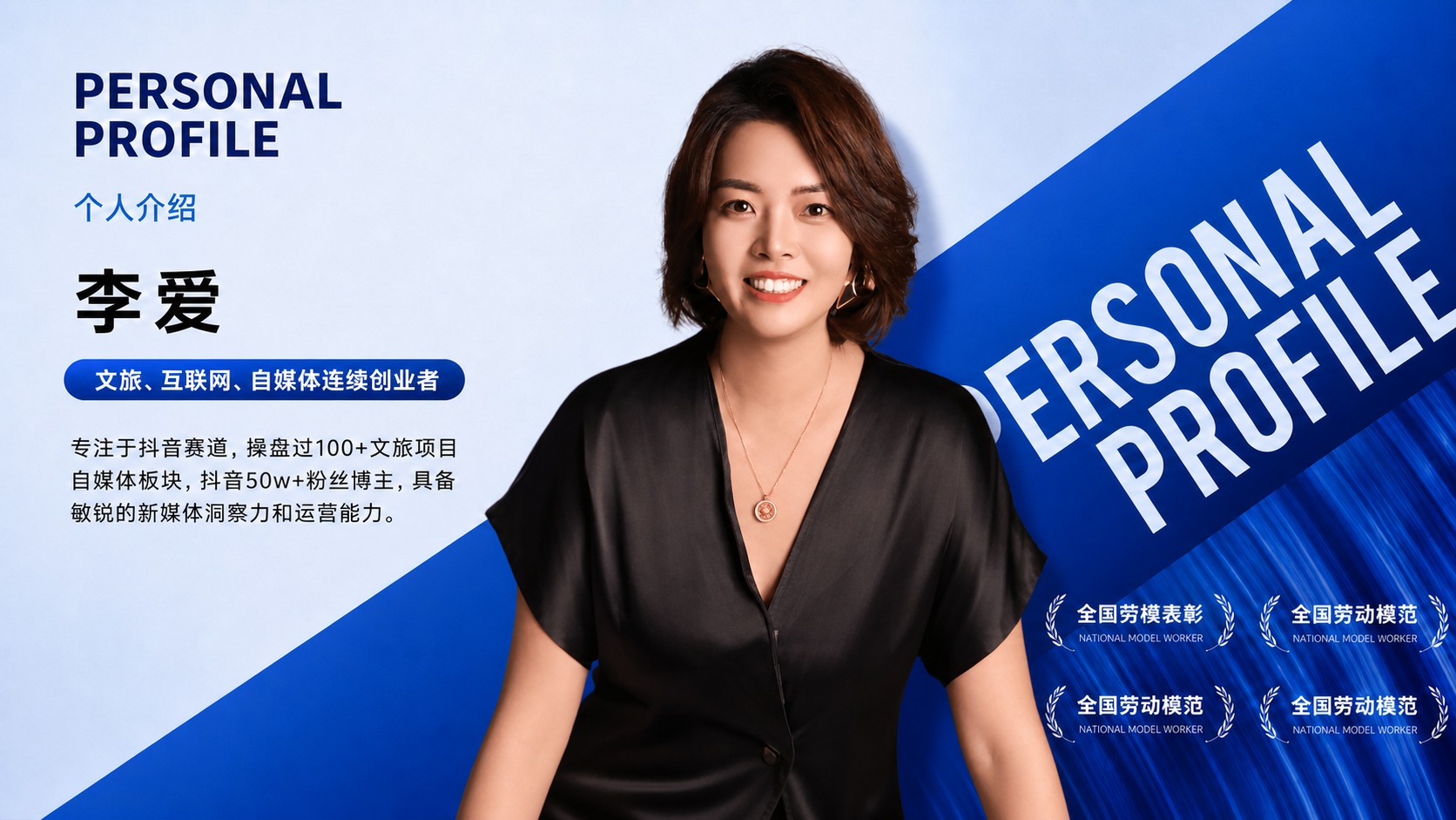 参考第一张图的个人介绍海报版式风格，将图中人物替换为第二张图中… - 图片创意预览