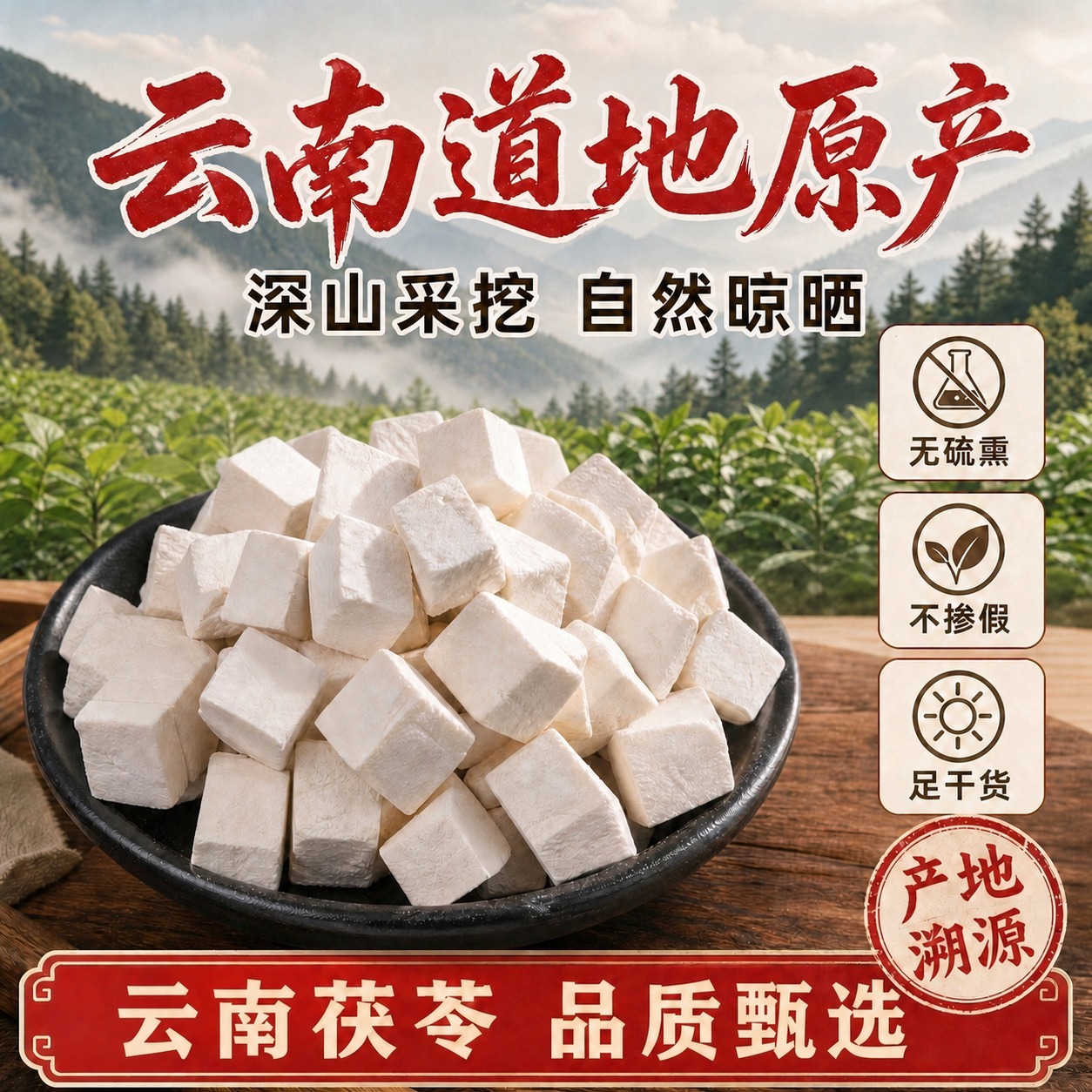 保持画面所有元素不变，仅修改底部红色横幅文字：将“正宗茯苓 品… - 图片创意预览
