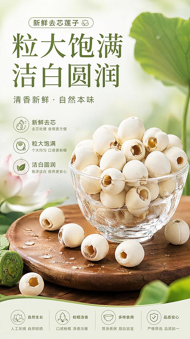 超市新鲜莲子宣传海报，不出现价格，重点展示新鲜去芯莲子，突出粒大饱满洁白圆润、清香新鲜的产品特点，整体风格清新自然