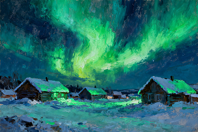 极光下的北极村庄，积雪覆盖的屋顶泛着绿光，夜空采用厚重的厚涂技法