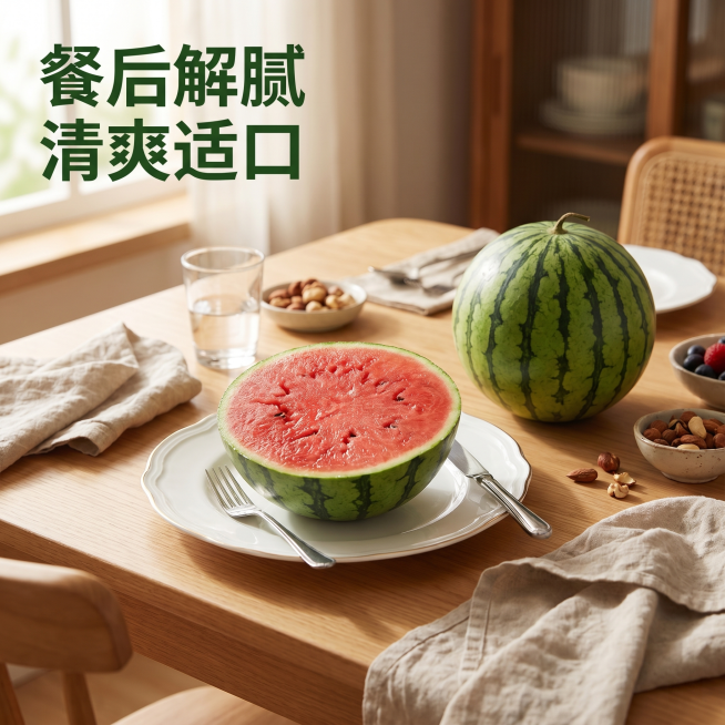 [主图-15] 餐后解腻佐餐场景展示2K手撕小糖丸西瓜。氛围风格：温馨餐桌场景，生活化代入感。画质：商业美食摄影质感，光线柔和通透。元素：餐后餐桌，一半西瓜放在骨瓷盘里，搭配餐具，展示餐后切一块解腻的预览效果