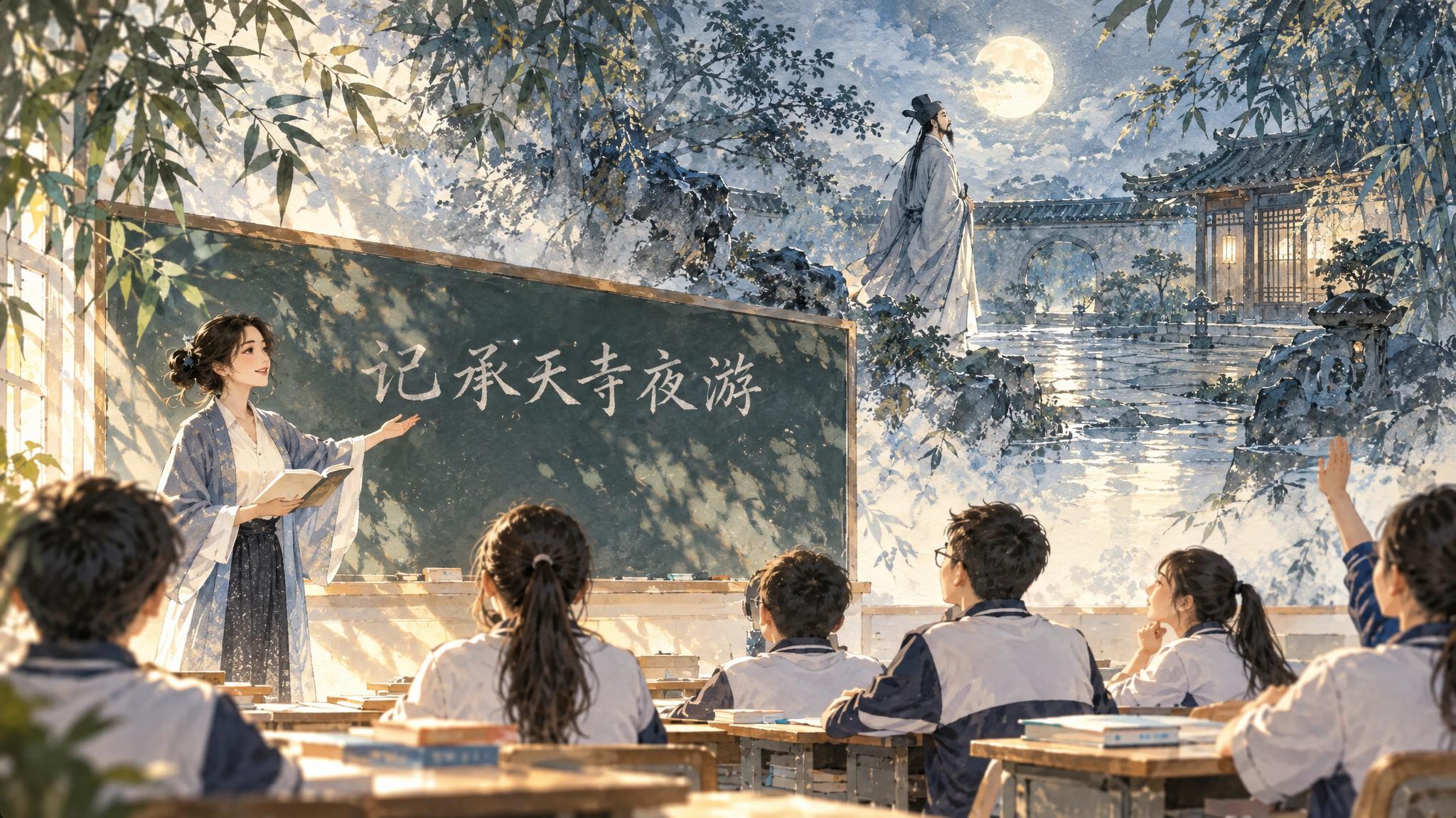 参考图的国风水彩插画风格，课堂场景，女老师站在黑板前讲课，黑板… - 图片创意预览