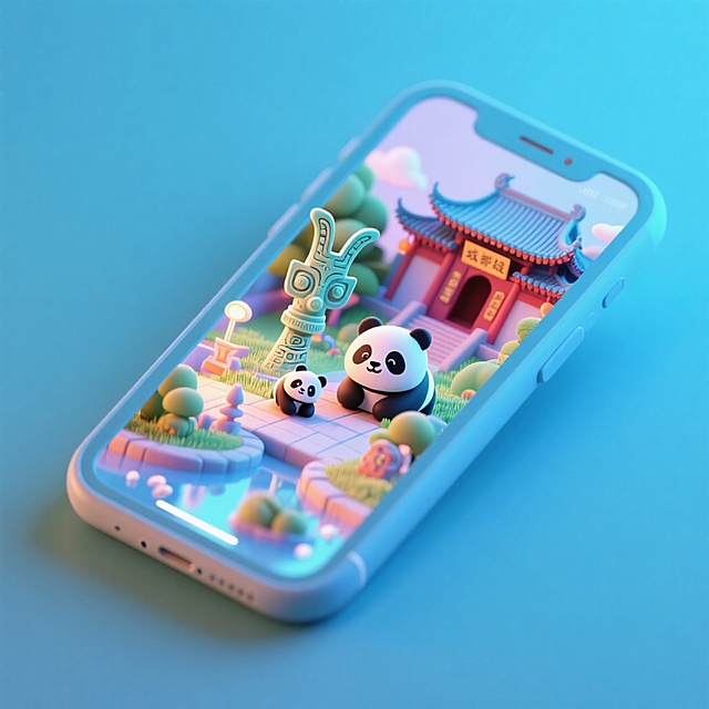 一个手机创意微缩场景，手机平放，侧面对着观众，手机俯视角度，立体的成都景观从屏幕内出来，有熊猫，三星堆，武侯祠，整体色调立体魔幻。青色背景。具有梦幻感,打光营造出柔和氛围强调梦幻和未来感的美学。