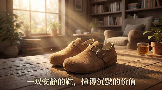 满版宽幅图（16:9比例）

场景：清晨书房窗边

勃肯鞋置于阳光照射的木地板上

配文：“一双安静的鞋，懂得沉默的价值”