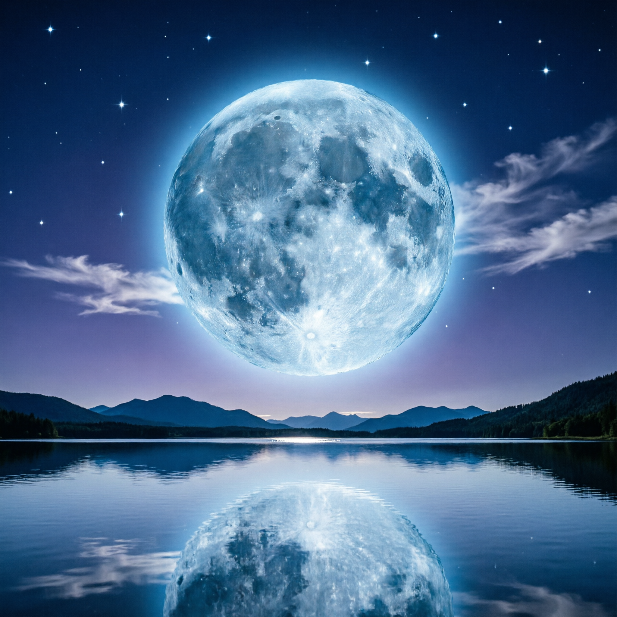一轮巨大的蓝色月亮高悬在深邃的夜空中，月面清晰可见环形山与细腻… - 图片创意预览