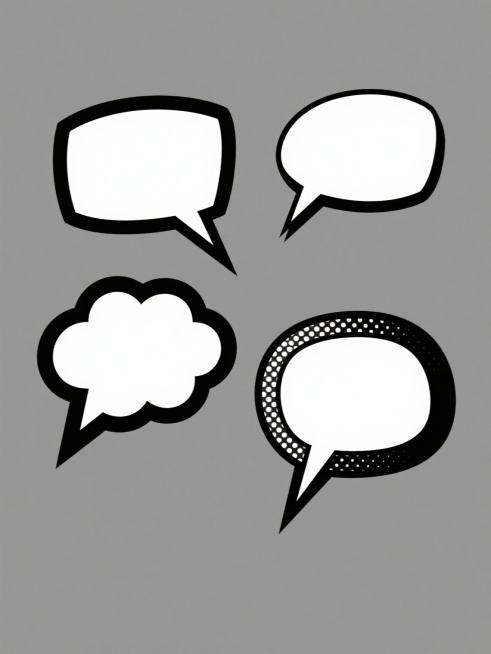 一套4个完全不同造型的漫画风格对话气泡元素集合，保持黑色轮廓线与内部白色填充的经典漫画风格，每个气泡底部带有尖角指示方向，边缘装饰有漫画风格的黑色半色调网点背景，整体采用纯色背景，所有气泡元素规整排布，呈现出清晰、统一且具有漫画视觉冲击力的系列素材设计。预览效果